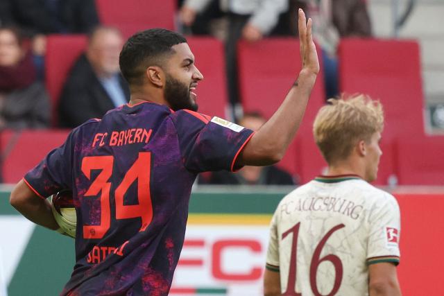 Bayern Munich's Moroccan midfielder #34 Ismael Saibari celebrates scoring the 1-1 goal during the German first division Bundesliga football match between FC Augsburg and FC Bayern Munich in Augsburg, southern Germany on October 10, 2026. (Photo by Karl-Josef HILDENBRAND / AFP) / DFL REGULATIONS PROHIBIT ANY USE OF PHOTOGRAPHS AS IMAGE SEQUENCES AND/OR QUASI-VIDEO