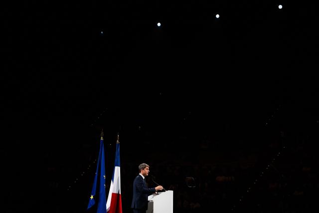 Centre-right party Renaissance candidate in France's 2027 presidential election Gabriel Attal delivers a speech during a campaign rally in Lyon on October 10, 2026. (Photo by JEFF PACHOUD / AFP)