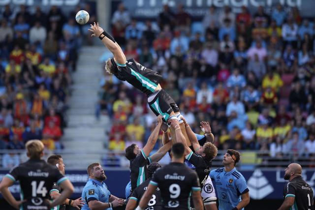 Vannes' Argentine flanker Francisco Gorrissen (top) grabs the ball in a line out during the French Top14 rugby union match between USA Perpignan and RC Vannes at the Aime-Giral stadium in Perpignan, south-western France on October 10, 2026. (Photo by Valentine CHAPUIS / AFP)