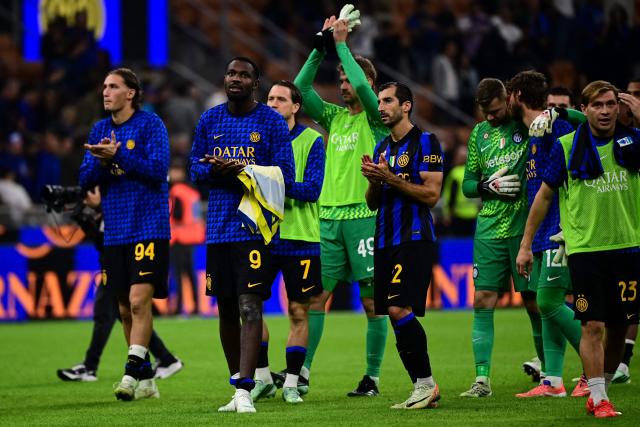 (From L) Inter Milan's Italian forward #94 Francesco Pio Esposito, Inter Milan's French forward #09 Marcus Thuram and Inter Milan's Armenian midfielder #22 Henrikh Mkhitaryan react at the end of the Italian Serie A football match between Inter Milan and Parma at the San Siro Stadium in Milan, on October 10, 2026. (Photo by Piero CRUCIATTI / AFP)