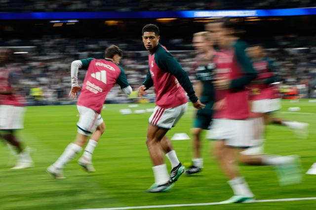 Real Madrid's English midfielder #05 Jude Bellingham warms up before the Spanish league football match between Real Madrid CF and Villarreal CF at the Santiago Bernabeu Stadium in Madrid on October 10, 2026. (Photo by Oscar DEL POZO / AFP)