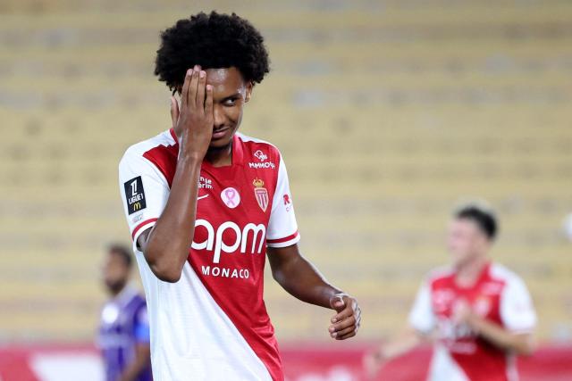Monaco's French midfielder #37 Edan Diop celebrates after scoring a goal during the French L1 football match between AS Monaco and Toulouse FC at the Stade Louis II in Monaco on October 10, 2026. (Photo by Valery HACHE / AFP)