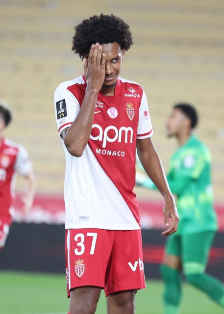 Monaco's French midfielder #37 Edan Diop celebrates after scoring a goal during the French L1 football match between AS Monaco and Toulouse FC at the Stade Louis II in Monaco on October 10, 2026. (Photo by Valery HACHE / AFP)