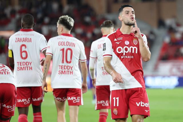 Monaco's French forward #11 Matthis Abline celebrates after scoring a goal during the French L1 football match between AS Monaco and Toulouse FC at the Stade Louis II in Monaco on October 10, 2026. (Photo by Valery HACHE / AFP)