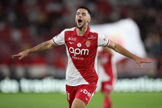 Monaco's French forward #11 Matthis Abline celebrates after scoring a second goal during the French L1 football match between AS Monaco and Toulouse FC at the Stade Louis II in Monaco on October 10, 2026. (Photo by Valery HACHE / AFP)