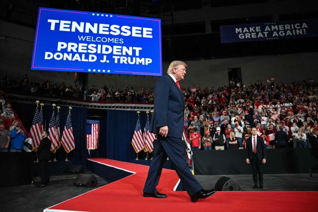 US President Donald Trump arrives to speak during a campaign rally at F&M Bank Arena in Clarksville, Tennessee on October 10, 2026. Trump is campaigning for Republican candidates ahead of the November 3 midterm election. (Photo by Mandel NGAN / AFP)