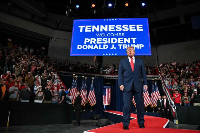 US President Donald Trump arrives to speak during a campaign rally at F&M Bank Arena in Clarksville, Tennessee on October 10, 2026. Trump is campaigning for Republican candidates ahead of the November 3 midterm election. (Photo by Mandel NGAN / AFP)
