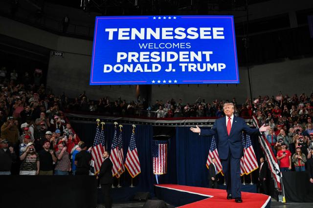 US President Donald Trump arrives to speak during a campaign rally at F&M Bank Arena in Clarksville, Tennessee on October 10, 2026. Trump is campaigning for Republican candidates ahead of the November 3 midterm election. (Photo by Mandel NGAN / AFP)