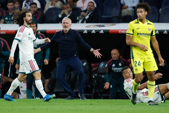 Real Madrid's Portuguese coach Jose Mourinho reacts during the Spanish league football match between Real Madrid CF and Villarreal CF at the Santiago Bernabeu Stadium in Madrid on October 10, 2026. (Photo by Oscar DEL POZO / AFP)