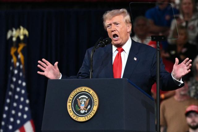 US President Donald Trump speaks during a campaign rally at F&M Bank Arena in Clarksville, Tennessee on October 10, 2026. Trump is campaigning for Republican candidates ahead of the November 3 midterm election. (Photo by Mandel NGAN / AFP)