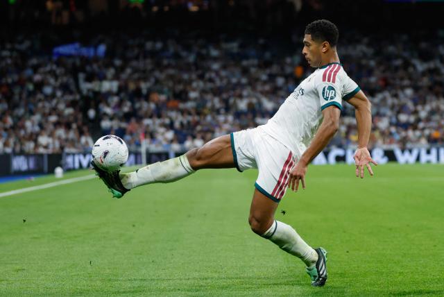 Real Madrid's English midfielder #05 Jude Bellingham controls the ball during the Spanish league football match between Real Madrid CF and Villarreal CF at the Santiago Bernabeu Stadium in Madrid on October 10, 2026. (Photo by Oscar DEL POZO / AFP)