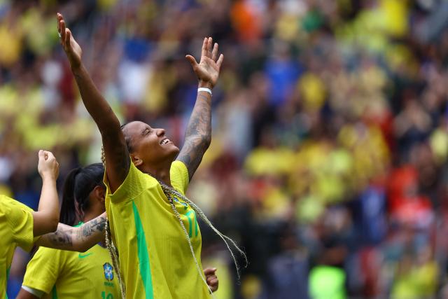 Brazil's forward #17 Geyse kicks celebrates scoring her team's second goal during a friendly football match between Brazil and Argentina at the Beira Rio Stadium in Porto Alegre, Brazil on October 10, 2026. (Photo by SILVIO AVILA / AFP)