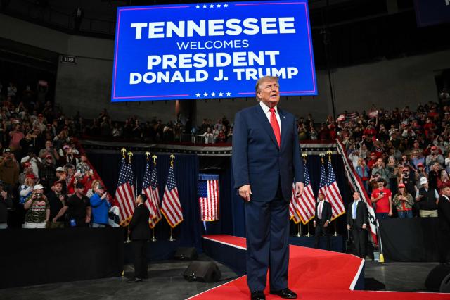 US President Donald Trump arrives to speak during a campaign rally at F&M Bank Arena in Clarksville, Tennessee on October 10, 2026. Trump is campaigning for Republican candidates ahead of the November 3 midterm election. (Photo by Mandel NGAN / AFP)