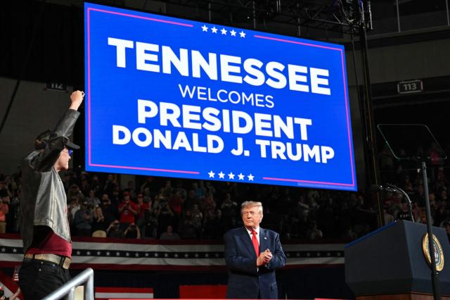 US musician Kid Rock (L) cheers as President Donald Trump arrives to speak during a campaign rally at F&M Bank Arena in Clarksville, Tennessee on October 10, 2026. Trump is campaigning for Republican candidates ahead of the November 3 midterm election. (Photo by Mandel NGAN / AFP)