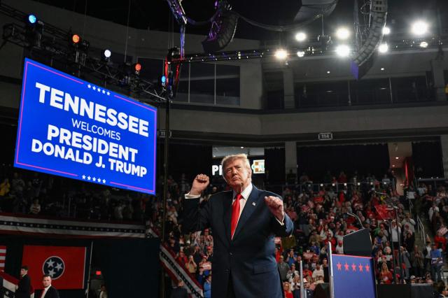 US President Donald Trump dances after concluding his remarks during a campaign rally at F&M Bank Arena in Clarksville, Tennessee on October 10, 2026. Trump is campaigning for Republican candidates ahead of the November 3 midterm election. (Photo by Mandel NGAN / AFP)