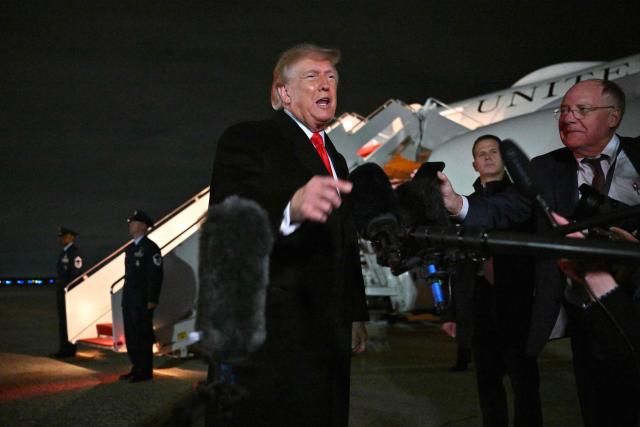 US President Donald Trump speaks with reporters upon his arrival to Joint Base Andrews, Maryland on October 10, 2026. President Trump is returning from Tennessee where he spoke at a campaign rally. (Photo by Mandel NGAN / AFP)