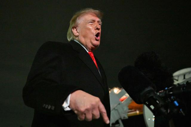 US President Donald Trump speaks with reporters upon his arrival to Joint Base Andrews, Maryland on October 10, 2026. President Trump is returning from Tennessee where he spoke at a campaign rally. (Photo by Mandel NGAN / AFP)