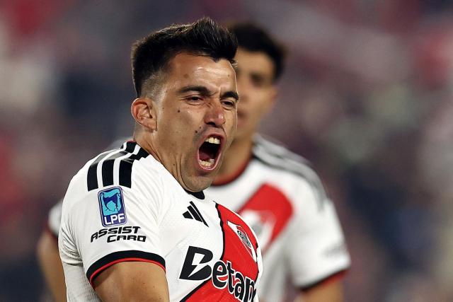 River Plate's defender #21 Marcos Acuna celebrates scoring his team's first goal during the Argentine Professional League 2026 Clausura tournament football match between River Plate and Estudiantes de Rio Cuarto at the Mas Monumental stadium in Buenos Aires on October 10, 2026. (Photo by Alejandro PAGNI / AFP)
