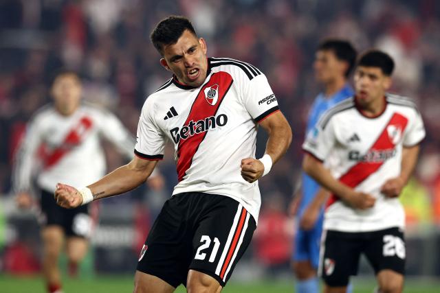 River Plate's defender #21 Marcos Acuna celebrates scoring his team's first goal during the Argentine Professional League 2026 Clausura tournament football match between River Plate and Estudiantes de Rio Cuarto at the Mas Monumental stadium in Buenos Aires on October 10, 2026. (Photo by Alejandro PAGNI / AFP)