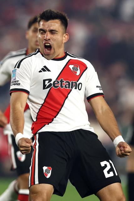 River Plate's defender #21 Marcos Acuna celebrates scoring his team's first goal during the Argentine Professional League 2026 Clausura tournament football match between River Plate and Estudiantes de Rio Cuarto at the Mas Monumental stadium in Buenos Aires on October 10, 2026. (Photo by Alejandro PAGNI / AFP)