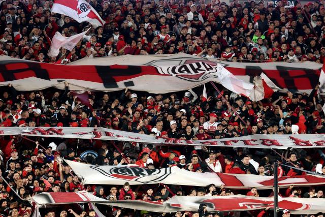River Plate's fans cheer their team during the Argentine Professional League 2026 Clausura tournament football match between River Plate and Estudiantes de Rio Cuarto at the Mas Monumental stadium in Buenos Aires on October 10, 2026. (Photo by Alejandro PAGNI / AFP)