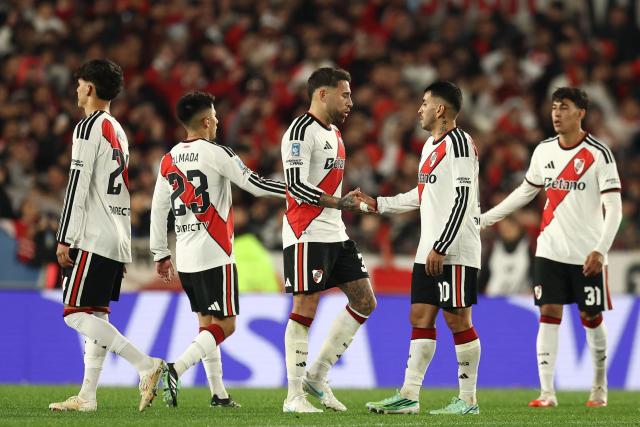(From L) River Plate's defender #28 Lucas Martinez Quarta, midfielder #23 Thiago Almada, midfielder #30 Nicolas Otamendi, midfielder #10 Angel Correa and defender #31 Facundo Gonzalez react at the end of the Argentine Professional League 2026 Clausura tournament football match between River Plate and Estudiantes de Rio Cuarto at the Mas Monumental stadium in Buenos Aires on October 10, 2026. (L-R) River Plate's midfielder #28 Lucas Martinez Quarta,  forward #23 Thiago Almada, defender #30 Nicolas Otamendi, forward #10 Angel Correa and defender #31 Facundo Gonzalez greet each other at end the Argentine Professional League 2026 Clausura football match between River Plate and Estudiantes de Rio Cuarto at Monumental stadium in Buenos Aires on October 10, 2026. (Photo by Alejandro PAGNI / AFP)