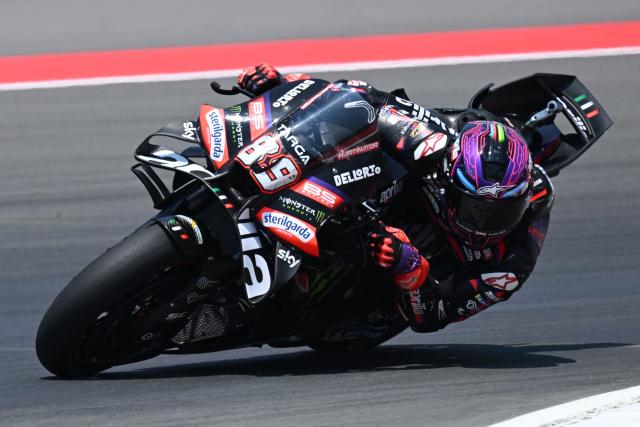Aprilia Racing's Spanish rider Jorge Martin takes part in the warm up session for the MotoGP Indonesian Grand Prix at the Mandalika International Circuit in Mandalika on October 11, 2026. (Photo by SONNY TUMBELAKA / AFP)