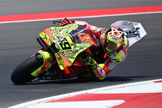 Pertamina Enduro VR46 Racing's Italian rider Fabio Di Giannantonio takes part in the warm up session for the MotoGP Indonesian Grand Prix at the Mandalika International Circuit in Mandalika on October 11, 2026. (Photo by SONNY TUMBELAKA / AFP)