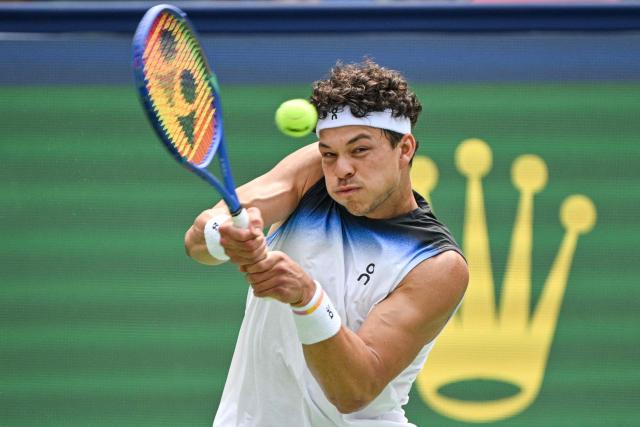 USA's Ben Shelton hits a return to France's Arthur Gea during their men's singles match at the Shanghai Masters tennis tournament in Shanghai on October 11, 2026. (Photo by Hector RETAMAL / AFP)