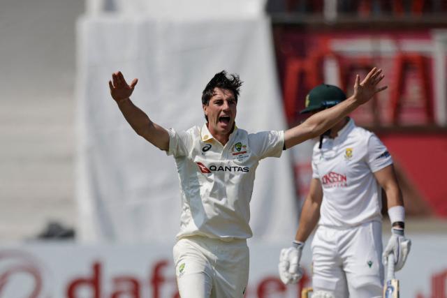 Australia's Pat Cummins appeals for the wicket of South Africa's Aiden Markram on day three of the first Test match between South Africa and Australia at the Kingsmead stadium in Durban on October 11, 2026. (Photo by Marco Longari / AFP)