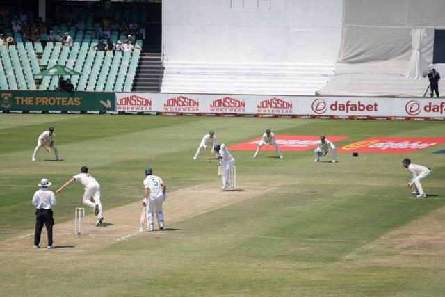 South Africa's Temba Bavuma plays a shot on day three of the first Test match between South Africa and Australia at the Kingsmead stadium in Durban on October 11, 2026. (Photo by Marco Longari / AFP)