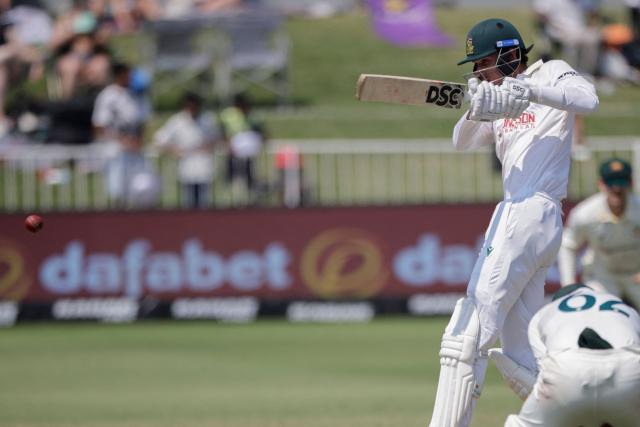 South Africa's Marco Jansen plays a shot on day three of the first Test match between South Africa and Australia at the Kingsmead stadium in Durban on October 11, 2026. (Photo by Marco Longari / AFP)
