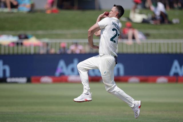Australia's Beau Webster delivers a ball on day three of the first Test match between South Africa and Australia at the Kingsmead stadium in Durban on October 11, 2026. (Photo by Marco Longari / AFP)