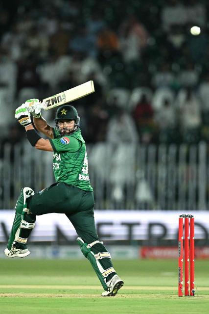 Pakistan's captain Sahibzada Farhan plays a shot during the second T20 international cricket match between Pakistan and Sri Lanka at the Rawalpindi Cricket Stadium in Rawalpindi on October 11, 2026. (Photo by Aamir QURESHI / AFP)