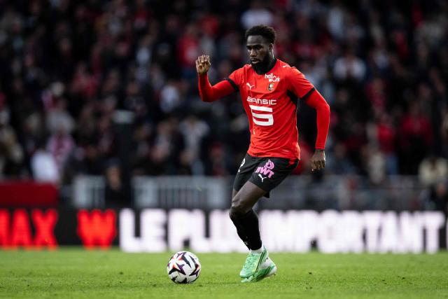 Rennes' Senegalese forward #22 Boulaye Dia runs with the ball during the French L1 football match between Stade Rennais FC and AJ Auxerre at the Roazhon Park Stadium in Rennes, western France on October 11, 2026. (Photo by Guillaume SALIGOT / AFP)