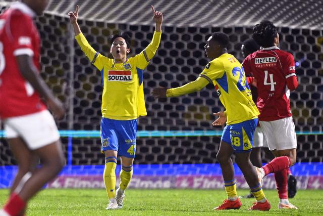 Westerlo's  South Korean midfielder #59 Yang Min-hyeok celebrates after scoring a goal during the Belgian "Pro League" First Division football match between KVC Westerlo and Royal Antwerp at Het Kuipje in Westerlo on October 11, 2026. (Photo by Johan Eyckens / BELGA / AFP) / Belgium OUT