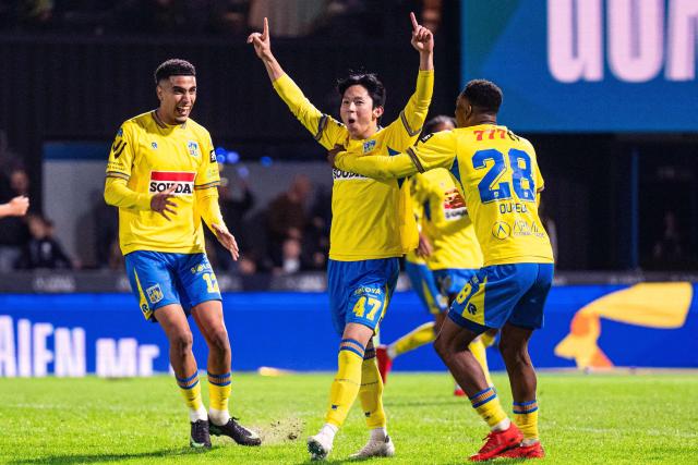 Westerlo's  South Korean midfielder #59 Yang Min-hyeok celebrates after scoring a goal during the Belgian "Pro League" First Division football match between KVC Westerlo and Royal Antwerp at Het Kuipje in Westerlo on October 11, 2026. (Photo by EMILE WINDAL / BELGA / AFP) / Belgium OUT