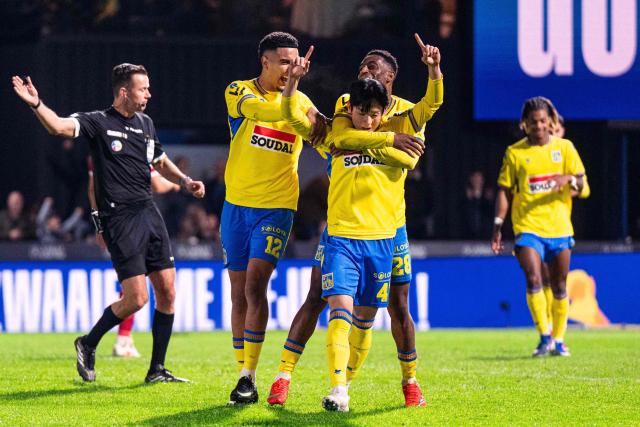 Westerlo's South Korean midfielder #59 Yang Min-hyeok celebrates after scoring a goal during the Belgian "Pro League" First Division football match between KVC Westerlo and Royal Antwerp at Het Kuipje in Westerlo on October 11, 2026. (Photo by EMILE WINDAL / BELGA / AFP) / Belgium OUT