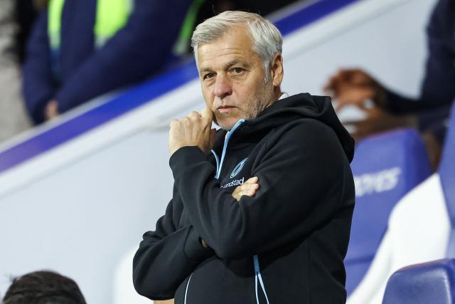 Marseille's French headcoach Bruno Genesio looks on ahead of the French L1 football match between ES Troyes AC and Olympique de Marseille (OM) at the Stade de l'Aube in Troyes, central France, on October 11, 2026. (Photo by Sameer Al-DOUMY / AFP)