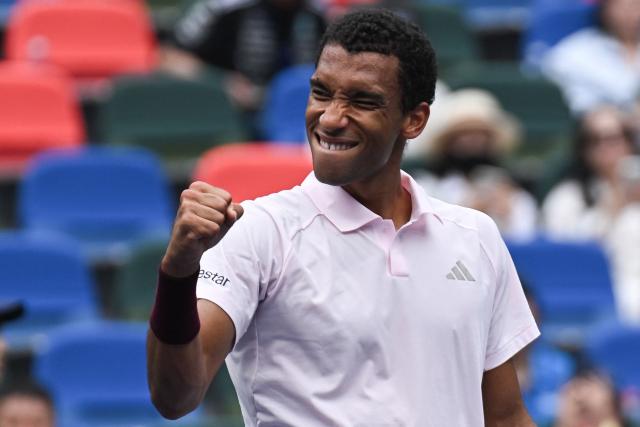 Canada’s Felix Auger-Aliassime reacts after winning his men's singles match against Spain’s Pablo Carreno Busta at the Shanghai Masters tennis tournament in Shanghai on October 12, 2026. (Photo by CN-STR / AFP) / China OUT