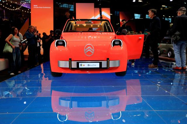 This photograph shows the Citroen 2 CV Concept car car during the 91st edition of the international Paris Motor Show at the Porte de Versailles in Paris on October 12, 2026. (Photo by Ludovic MARIN / AFP)