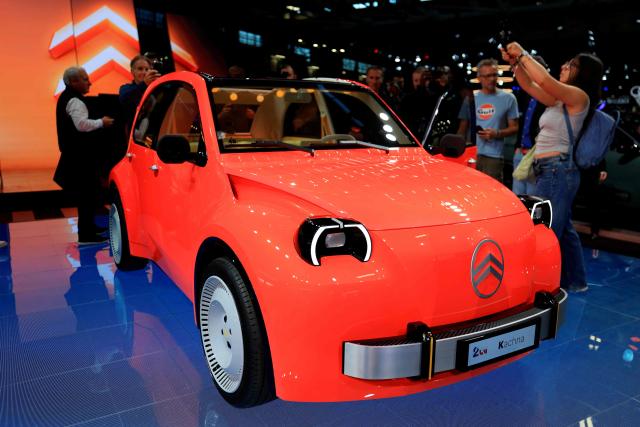 This photograph shows the Citroen 2 CV Concept car car during the 91st edition of the international Paris Motor Show at the Porte de Versailles in Paris on October 12, 2026. (Photo by Ludovic MARIN / AFP)