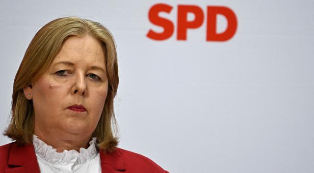 (FILES) German Minister for Labour and Social Affairs Baerbel Bas, also co-leader of the Social Semocratic (SPD) party, attends a press conference following an SPD leadership meeting in Berlin on September 7, 2026, one day after regional elections in the eastern federal state of Saxony-Anhalt. Baerbel Bas is stepping down as SPD leader and federal labor minister. In a statement published on October 12, 2026, she also held the coalition partner, the CDU/CSU, responsible. Leading SPD politicians reacted with dismay. (Photo by Tobias SCHWARZ / AFP)