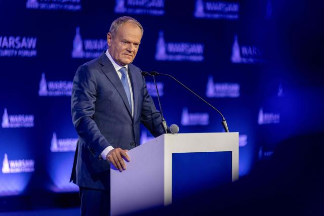 Poland's Prime Minister Donald Tusk speaks during opening session of the Warsaw Security Forum in Warsaw, Poland on October 12, 2026. (Photo by Wojtek RADWANSKI / AFP)
