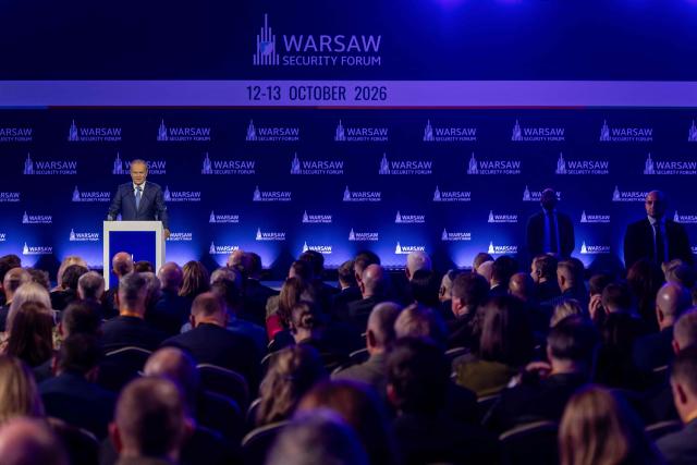 Poland's Prime Minister Donald Tusk speaks during opening session of the Warsaw Security Forum in Warsaw, Poland on October 12, 2026. (Photo by Wojtek RADWANSKI / AFP)
