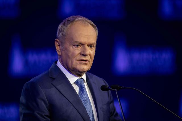 Poland's Prime Minister Donald Tusk speaks during the opening session of the Warsaw Security Forum in Warsaw, Poland on October 12, 2026. (Photo by Wojtek RADWANSKI / AFP)