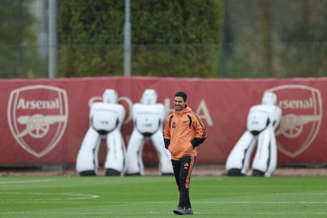 Arsenal's Spanish manager Mikel Arteta takes a team training session at the Arsenal training centre in London Colney, north of London, on October 12, 2026, on the eve of their UEFA Champions League football match against Lille. (Photo by Adrian Dennis / AFP)
