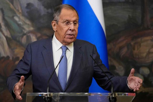 Russian Foreign Minister Sergei Lavrov speaks to journalists following a meeting with Lebanese Foreign Minister at Zinaida Morozova's Mansion in Moscow on October 12, 2026. (Photo by Alexander Zemlianichenko / POOL / AFP)