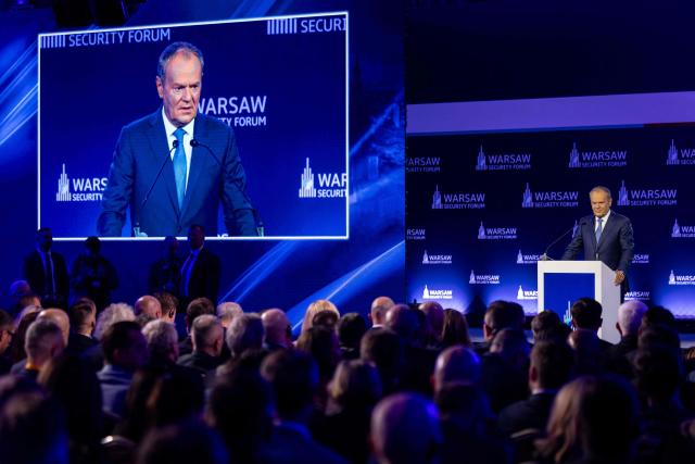 Poland's Prime Minister Donald Tusk speaks during the opening session of the Warsaw Security Forum in Warsaw, Poland on October 12, 2026. (Photo by Wojtek RADWANSKI / AFP)