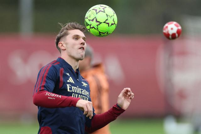 Arsenal's Swedish striker #14 Viktor Gyokeres attends a team training session at the Arsenal training centre in London Colney, north of London, on October 12, 2026, on the eve of their UEFA Champions League football match against Lille. (Photo by Adrian Dennis / AFP)